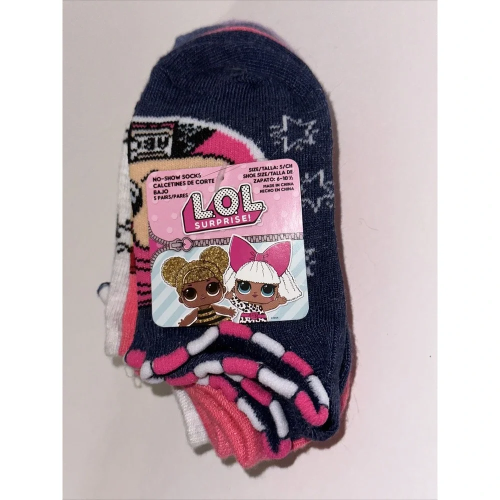 LOL Surprise Girls No-Show Socks 5 Pair Pack Navy Purple Stars Size S 6-10.5‎
